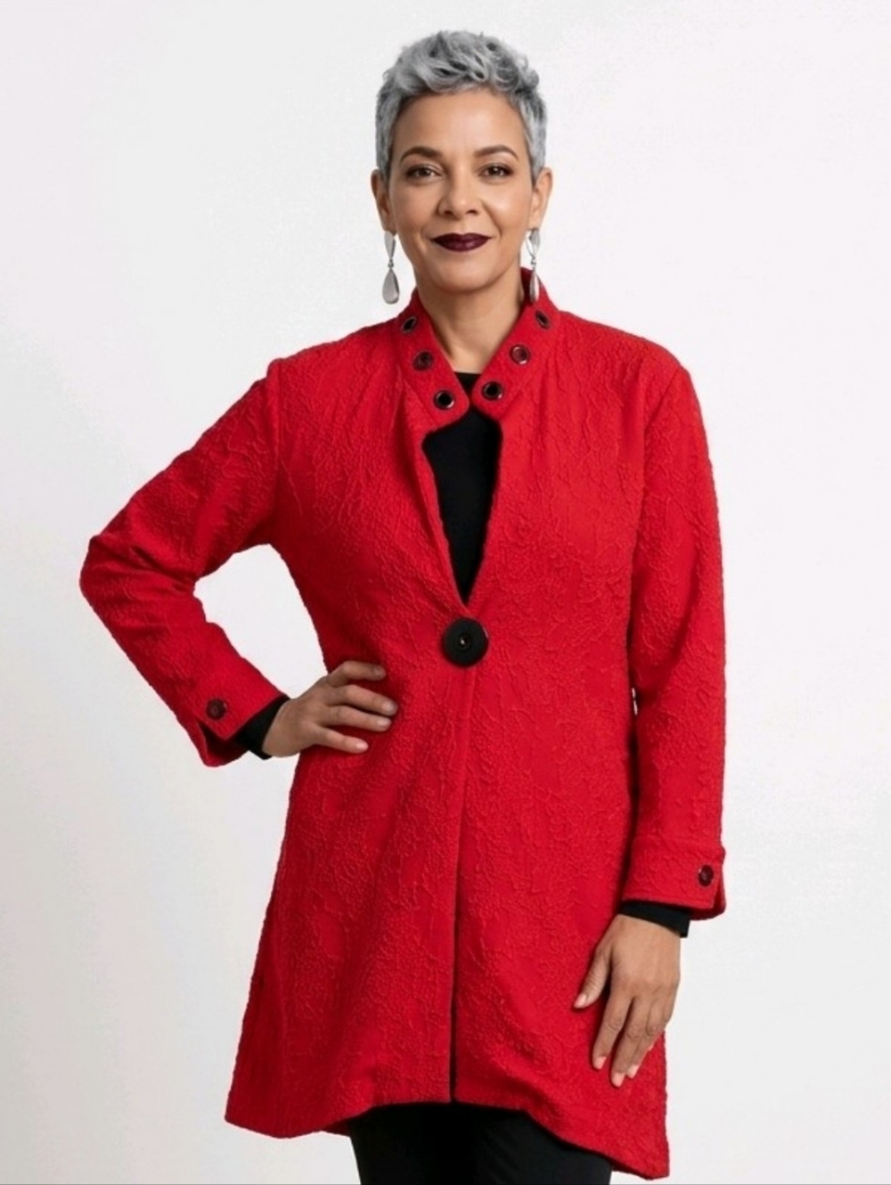 Multiples Women's XL Red Black Textured Button Front Jacket Topper Pockets